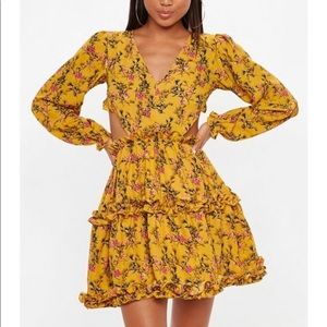 Missguided mustard floral open back skater dress